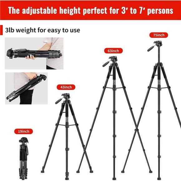 75" Camera Tripod, Aluminum Tripod, Travel Tripod with Wireless Remote - Picture 5 of 7